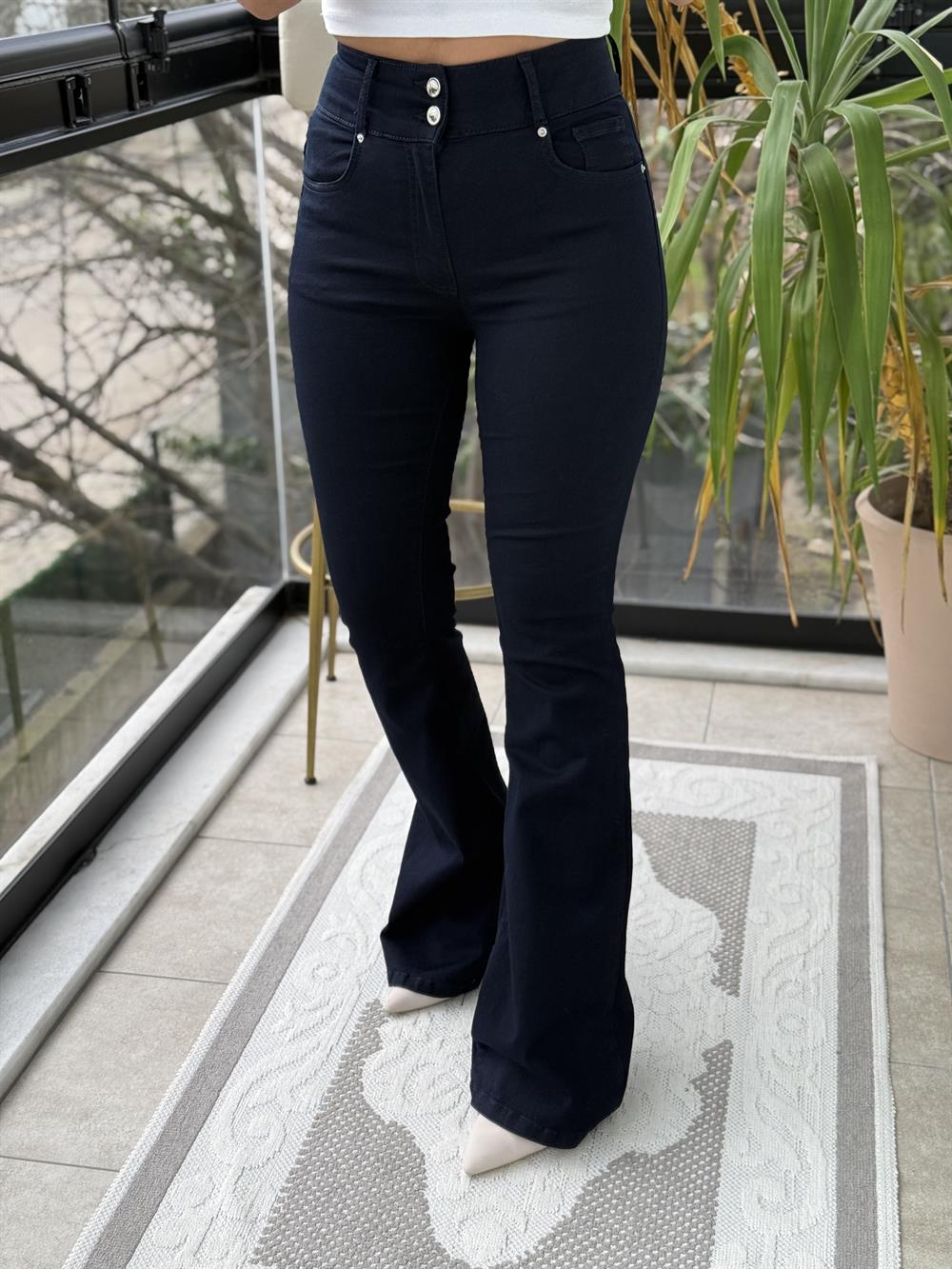 Pensli Geniş Kemerli Kot Pantolon Koyu Lacivert