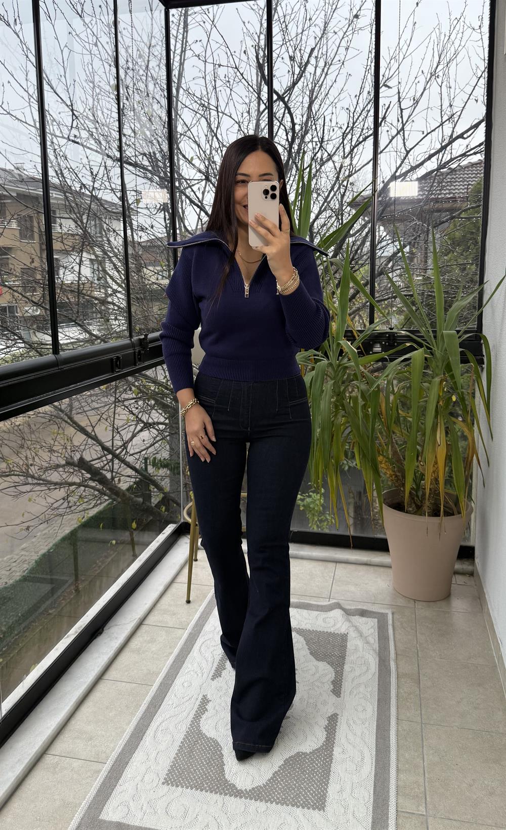 Fermuarlı Crop Triko Kazak Lacivert