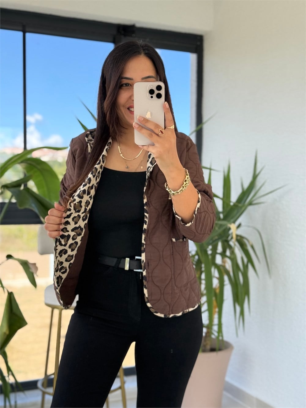 Leopar Biyeli Kapitone Ceket Kahve