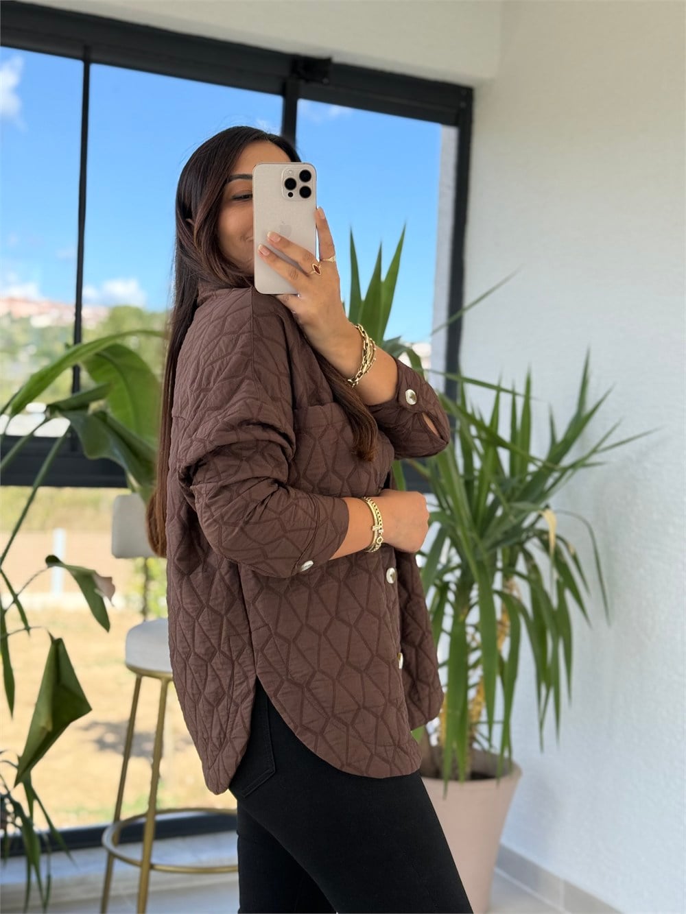 Kapitone Düğmeli Ceket Kahve