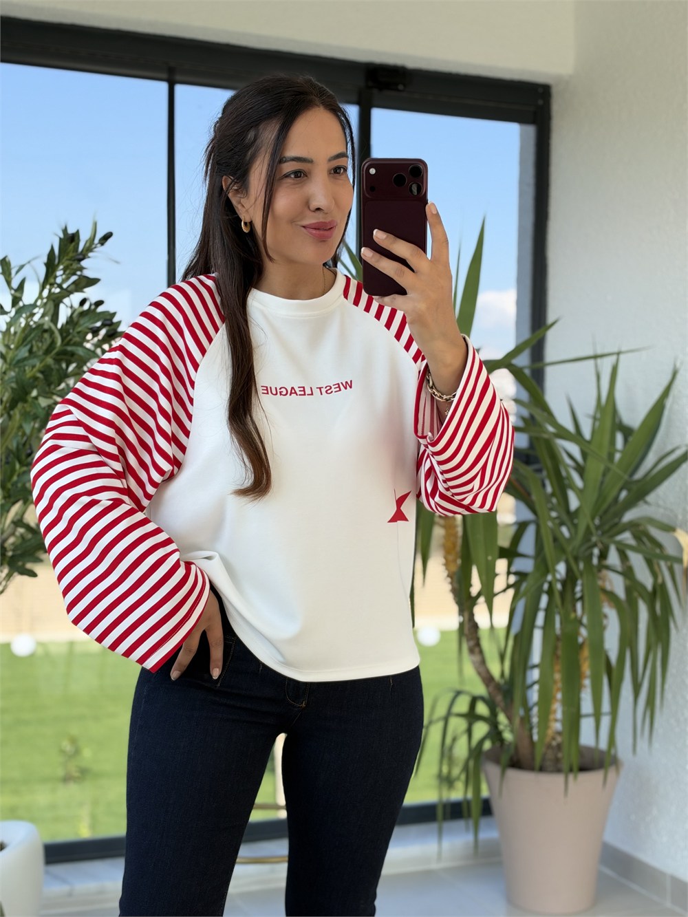 West League Çizgili Sweatshirt Kırmızı