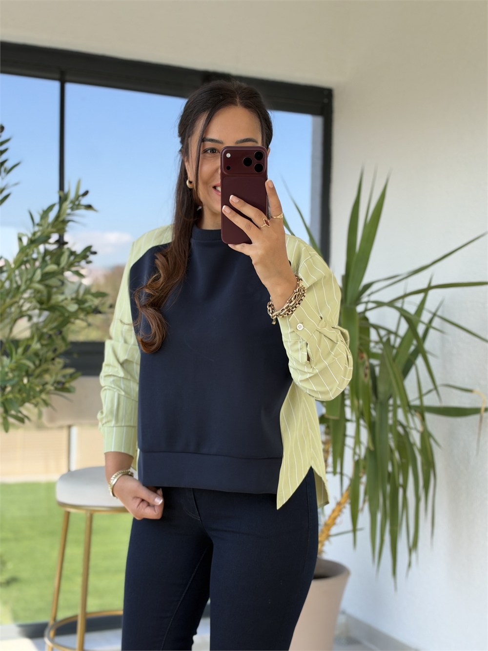 Kolu Ve Arkası Çizgili Poplin Modal Sweatshirt Yeşil