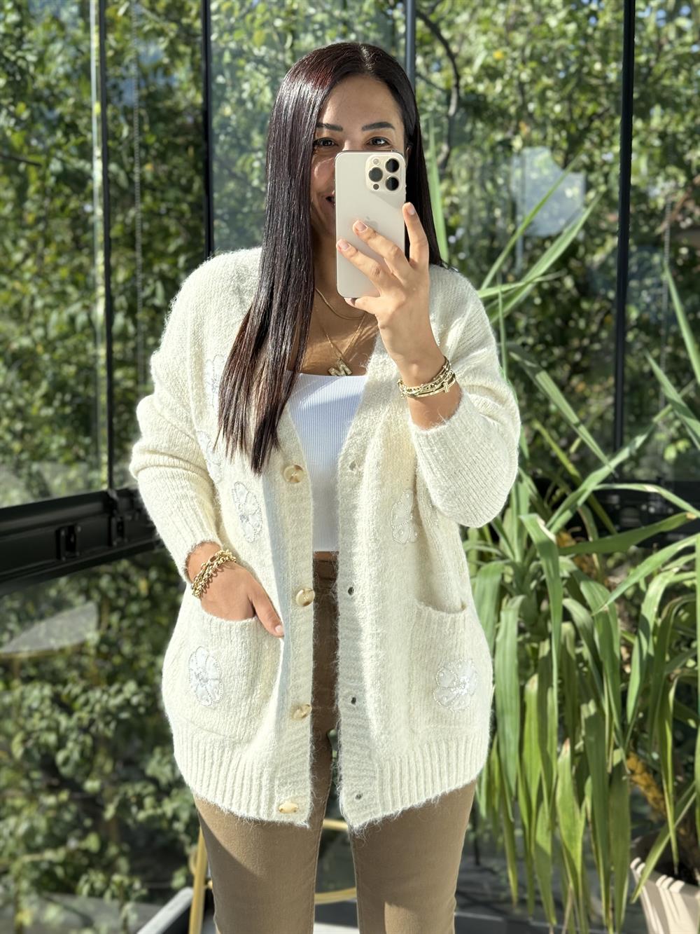 İthal Dokuma Kumaş Tül Ve Payet Çiçekli Hırka Ekru