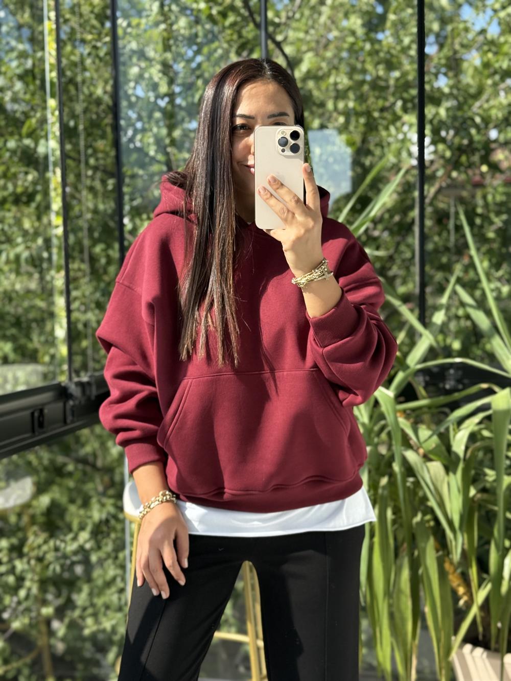 Kanguru Cep Kapşonlu Sweatshirt Bordo