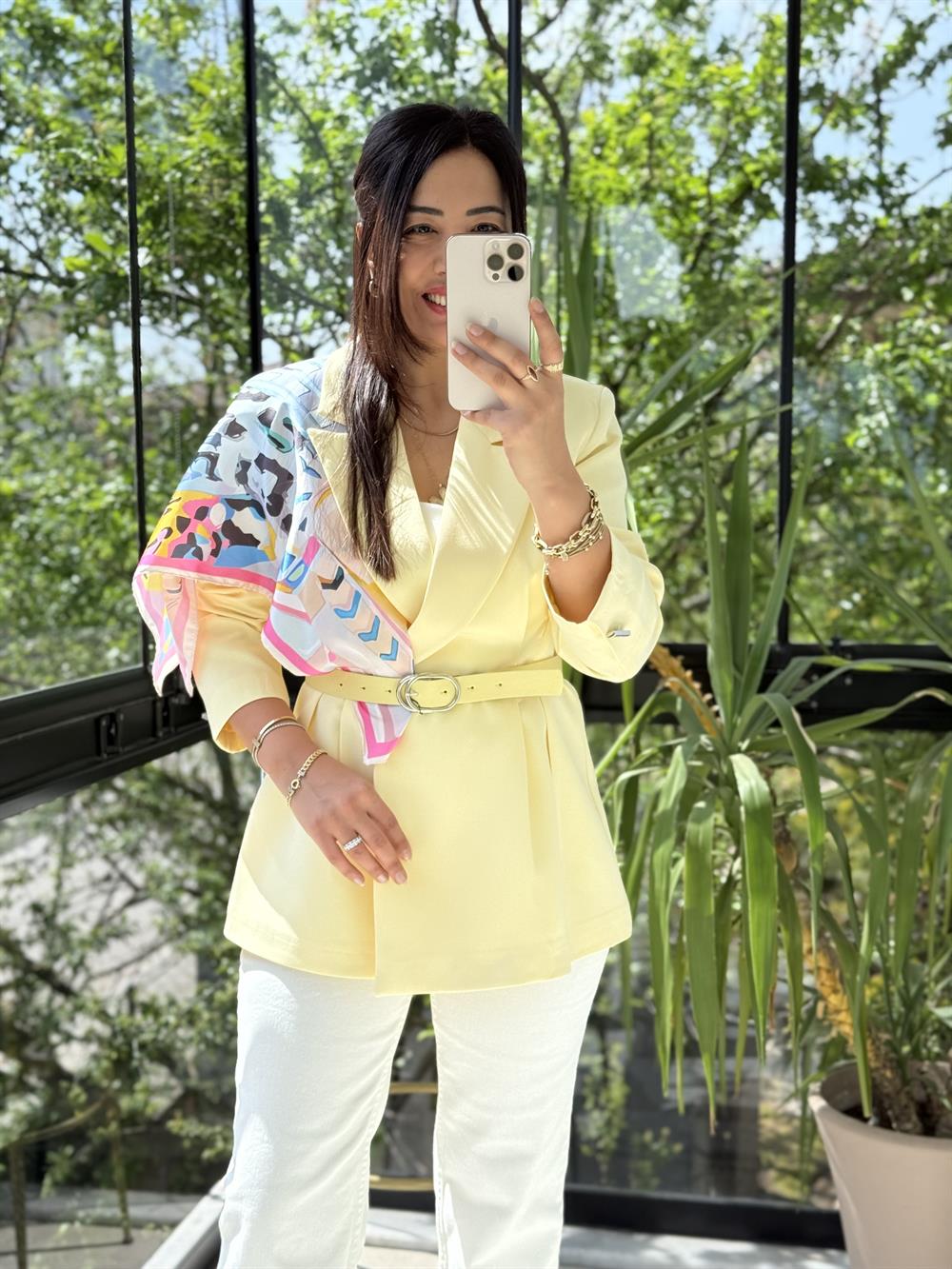 Çift Pileli Şallı Ceket Sarı