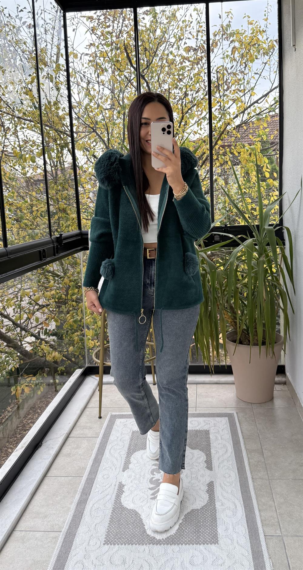 İthal Ponponlu Angora Hırka Zümrüt