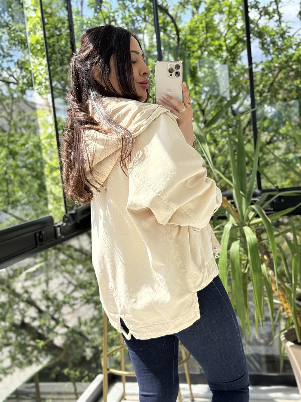 Oversize Kapuşonlu Ceket Taş