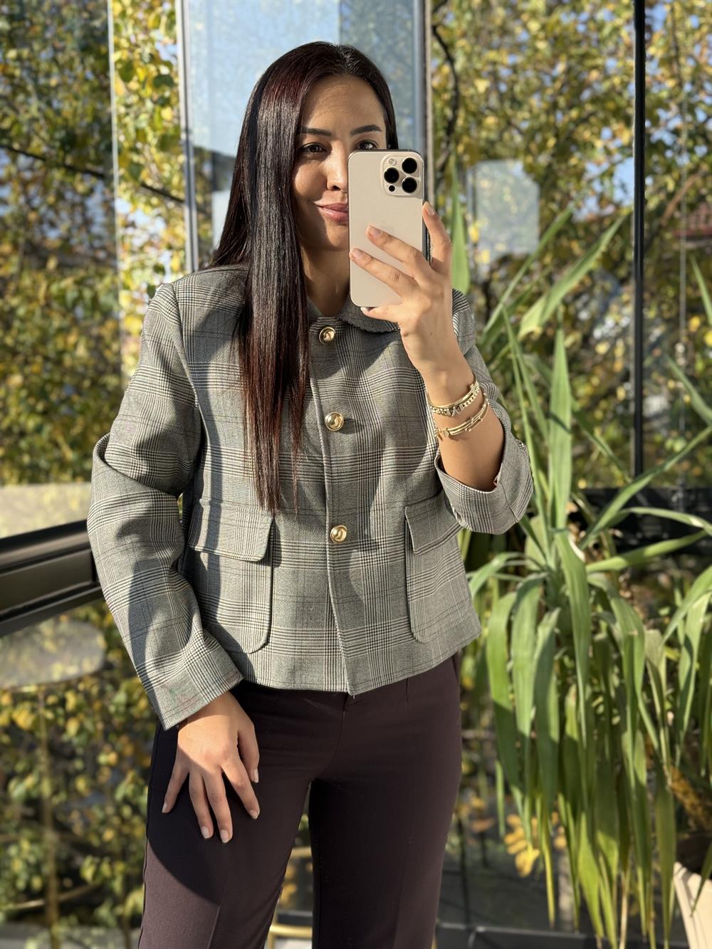 Ekose Top Düğme Crop Ceket Kahve