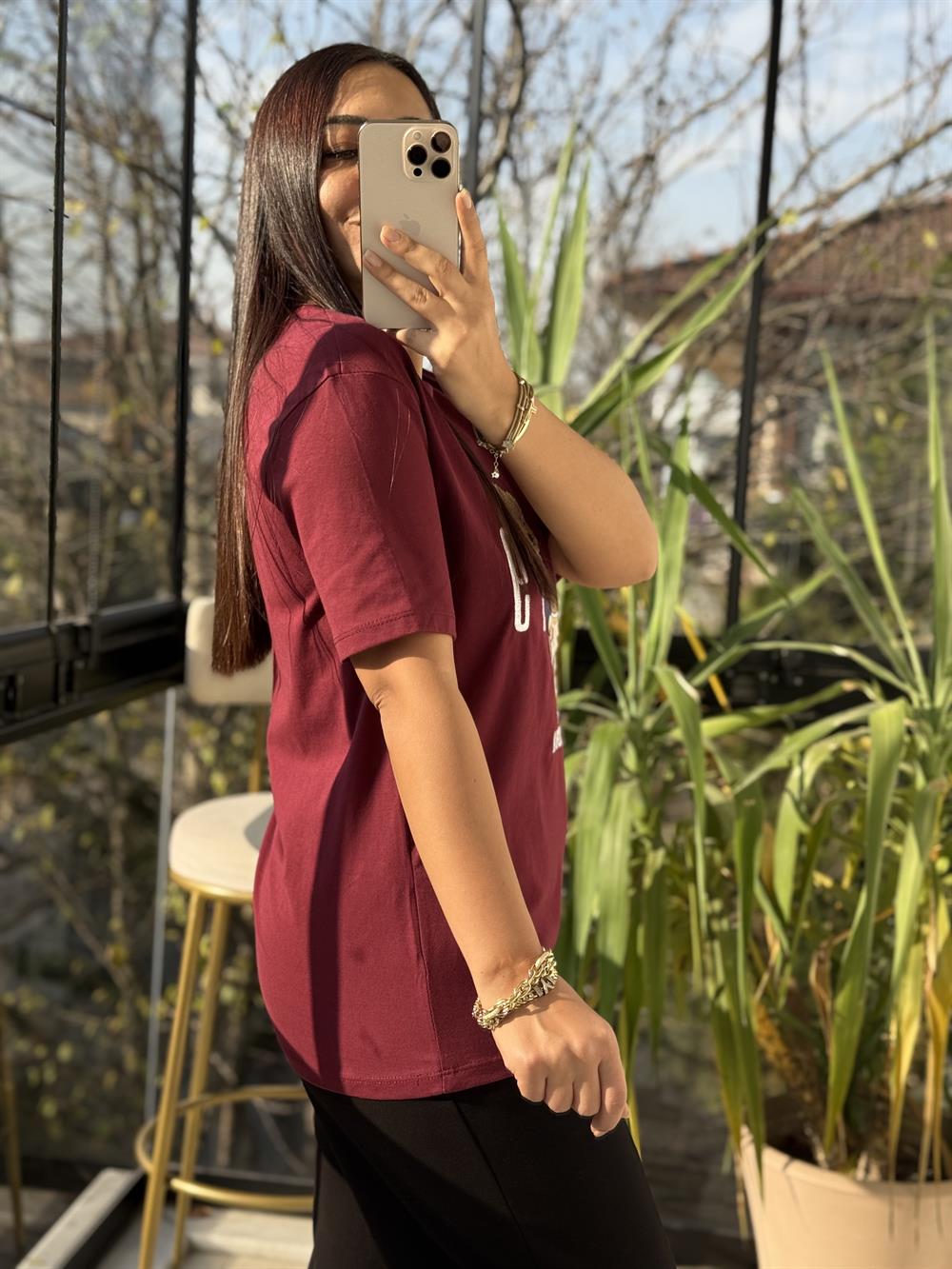 Newyork Yazılı İşlemeli Basic Tişört Bordo