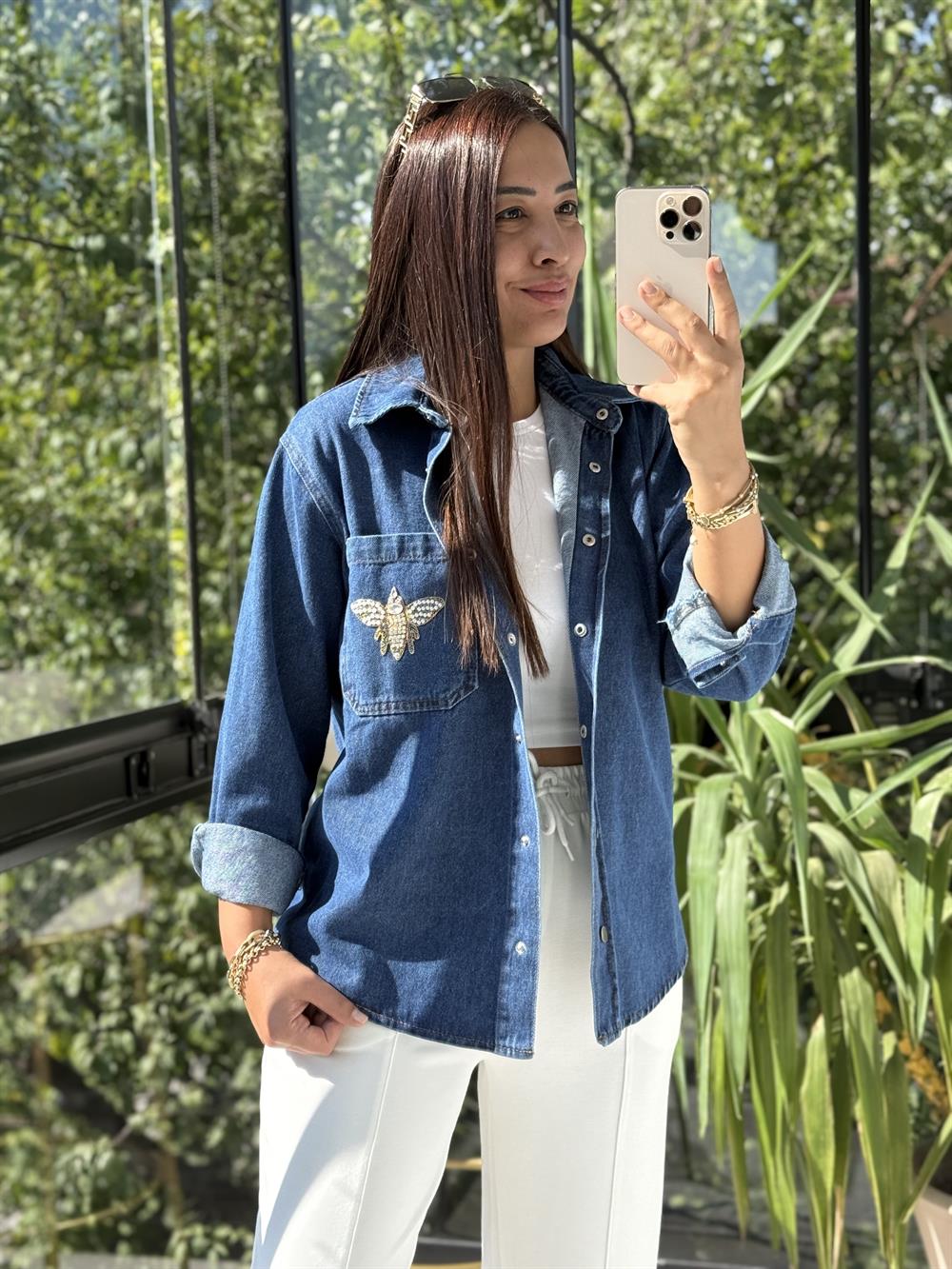 Cebi İşlemeli Baskılı Bymn Gömlek Ceket Mavi