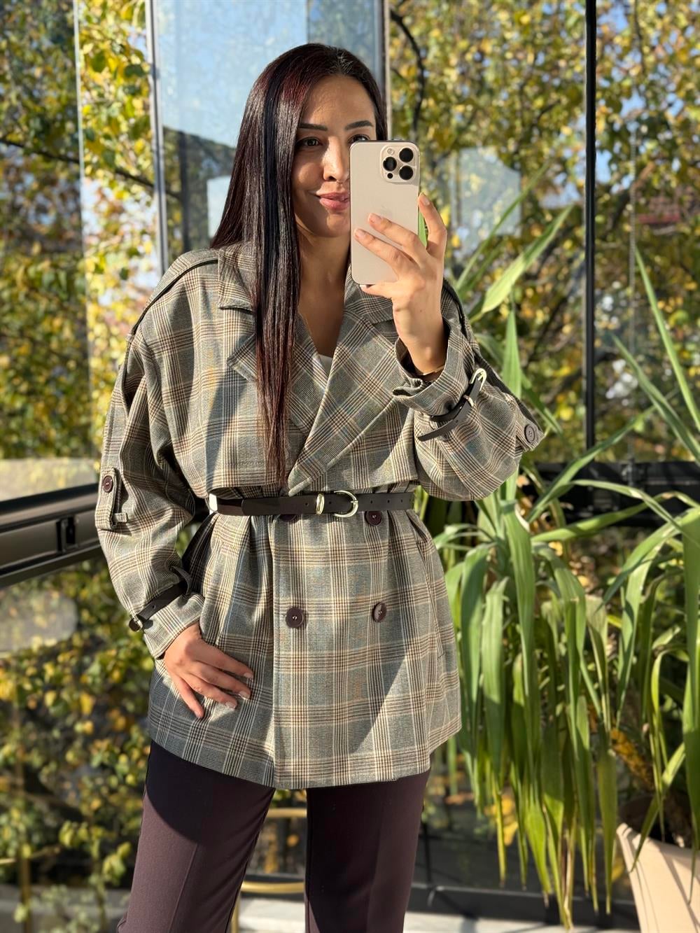 Ekose Kemerli Trenç Kahve