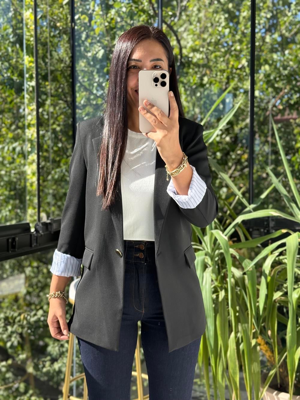 Kol Astarı Garnili Tek Düğme Blazer Ceket Siyah