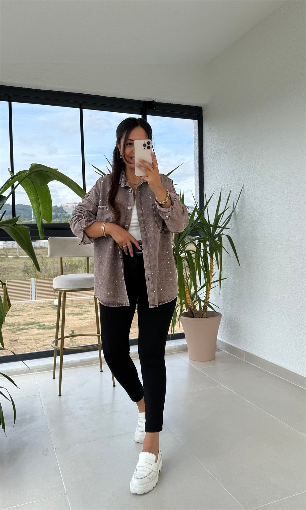 Zra Model Taşlı Denim Gömlek Vizon