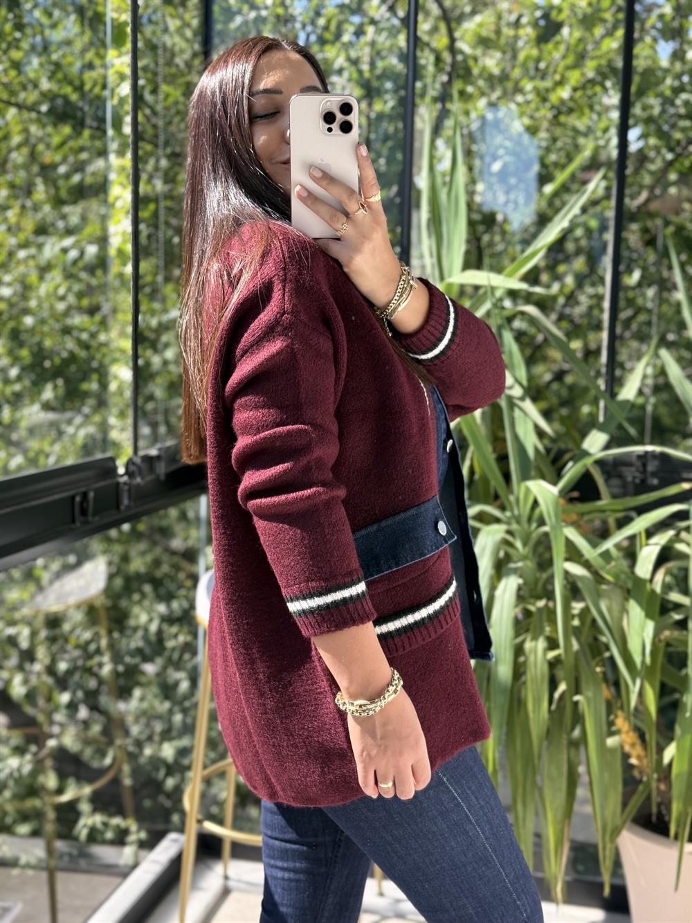 Angora Hırka Kot Detaylı Bordo