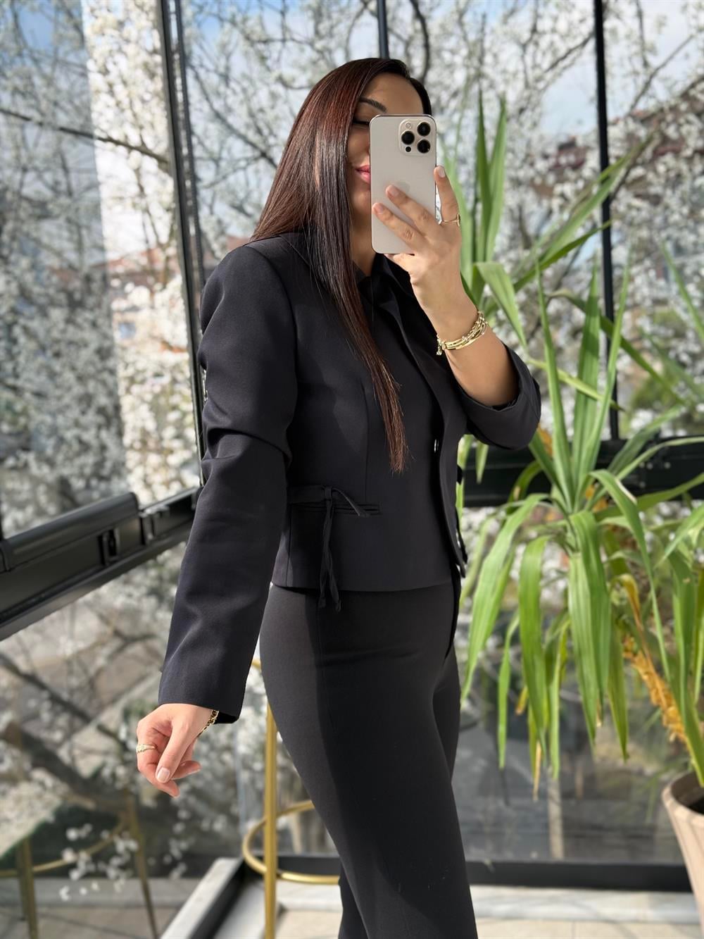 Uzun Kol Fiyonklu Blazer Ceket Siyah