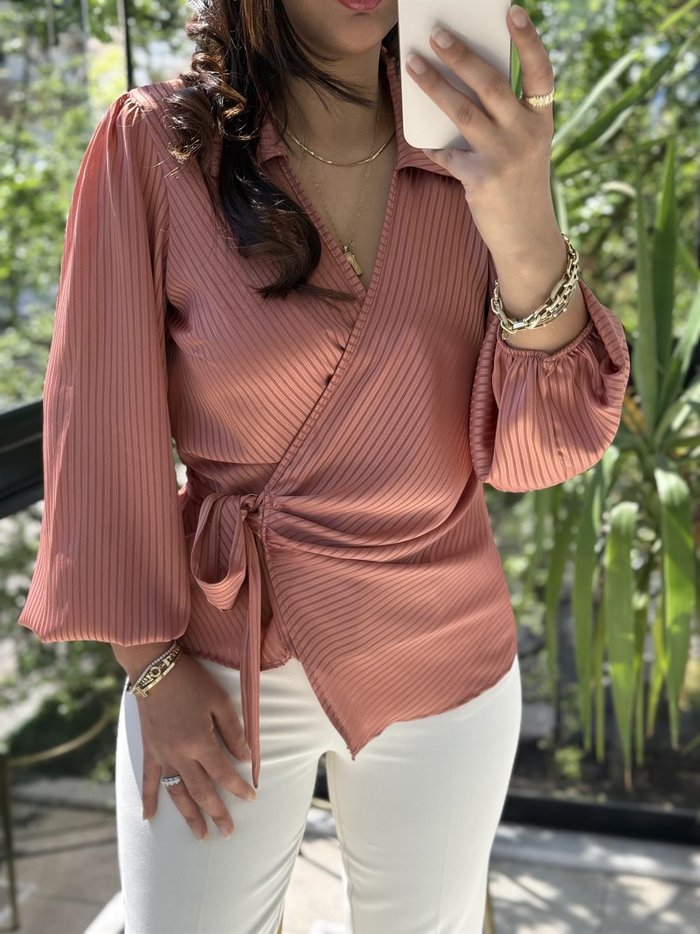 Yan Bağcıklı Yakalı Bluz Kiremit