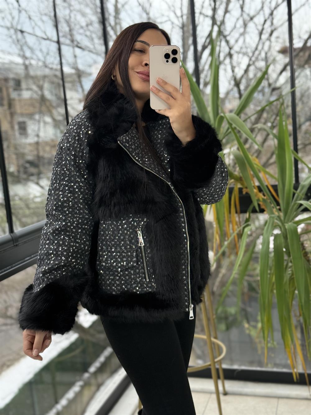 İthal Payetli Mont Siyah