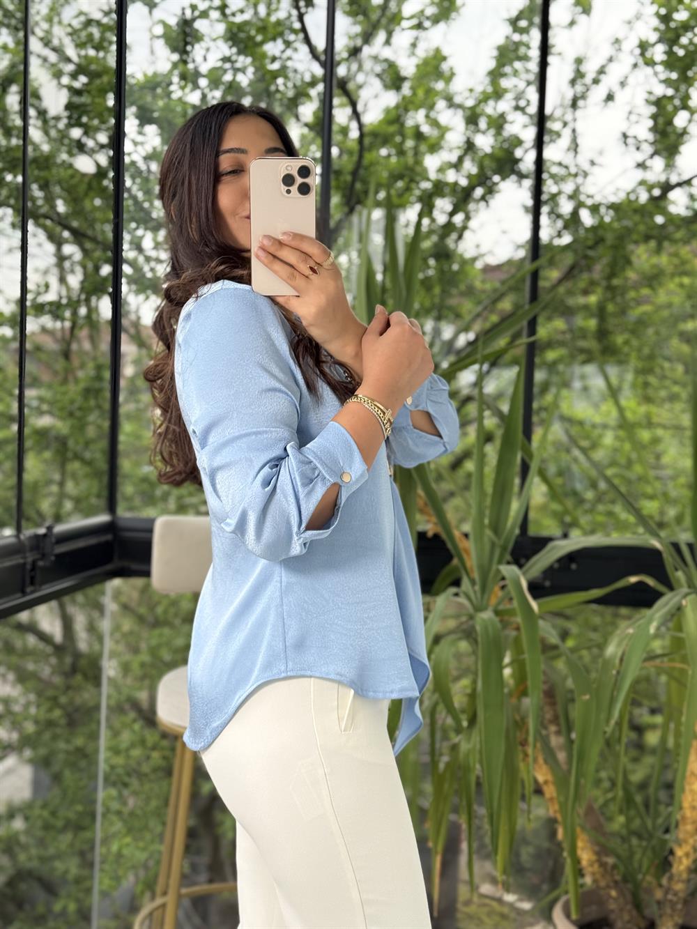 Bağlamalı Tokalı Yaka Detaylı Jakarlı Bluz Bebe Mavi