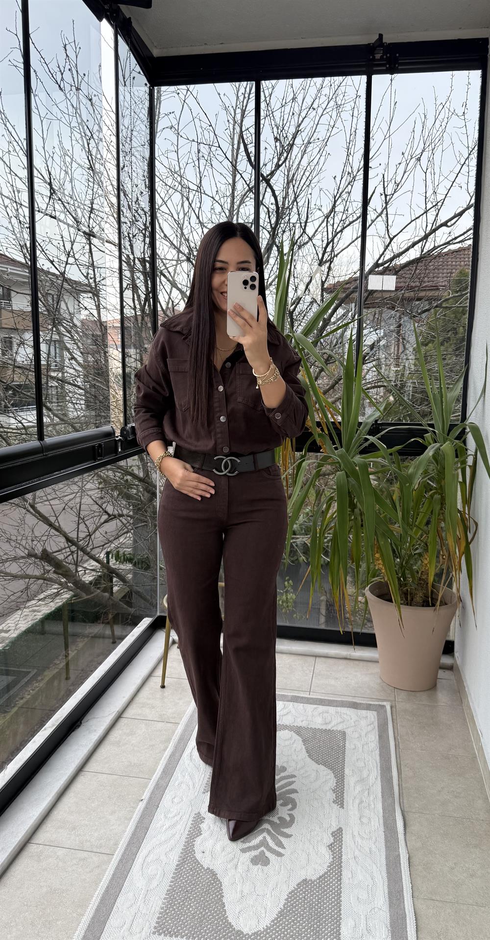 Beli Büzgülü Klasik Kot Tulum Kahve