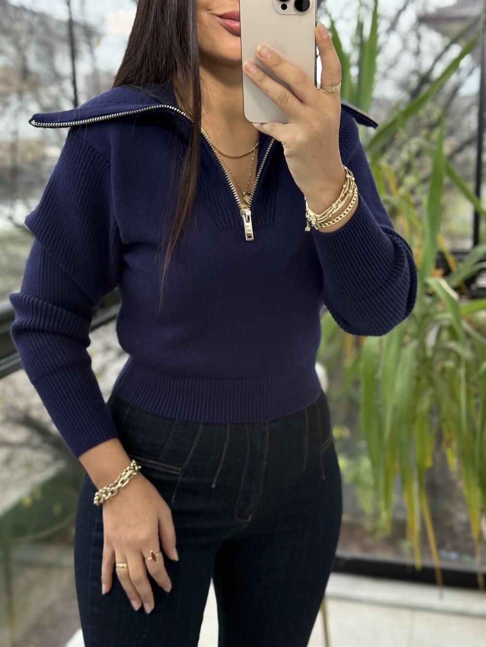 Fermuarlı Crop Triko Kazak Lacivert