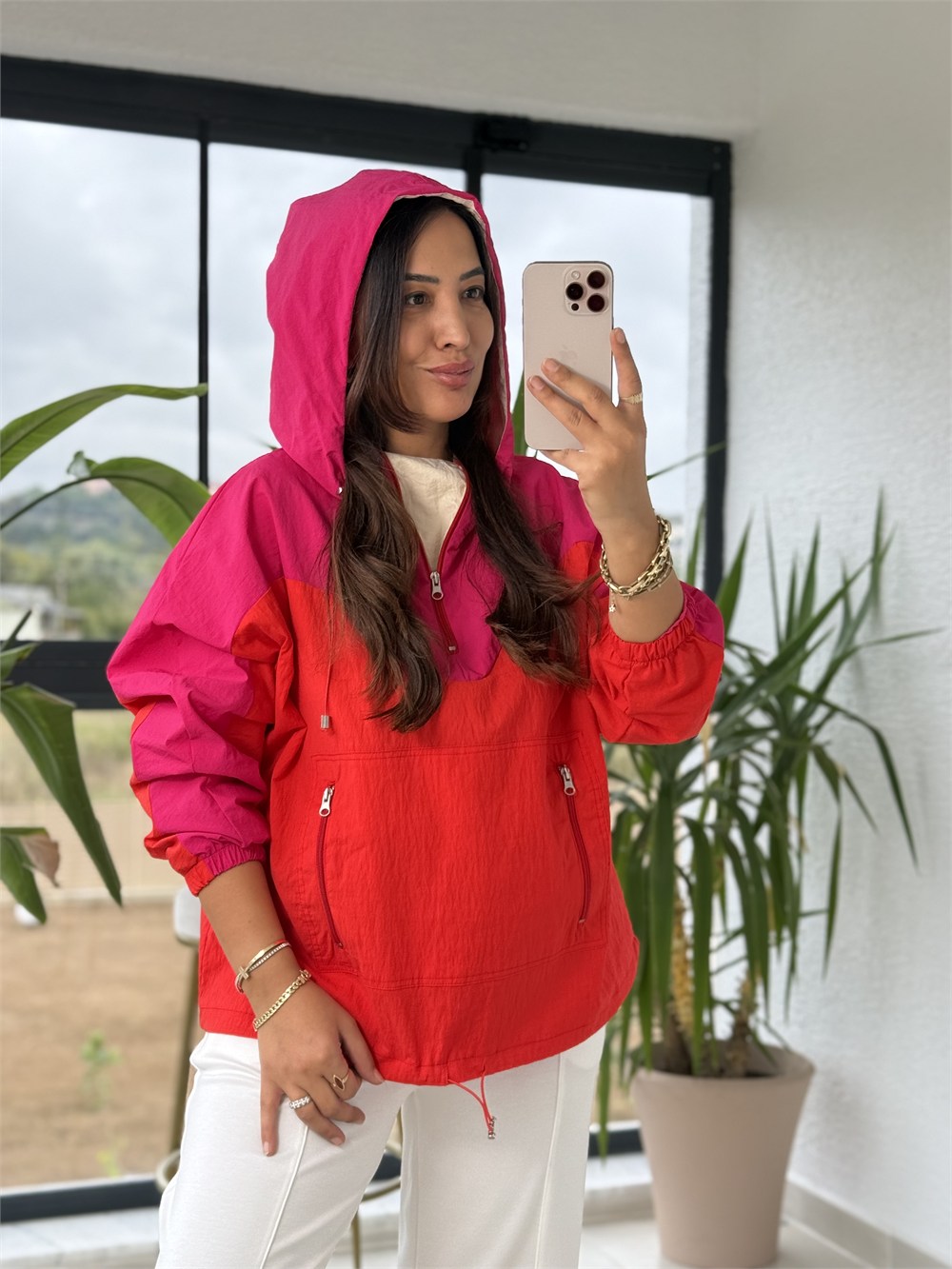 Renk Geçişli Fermuarlı Rüzgarlık Sweatshirt Pembe