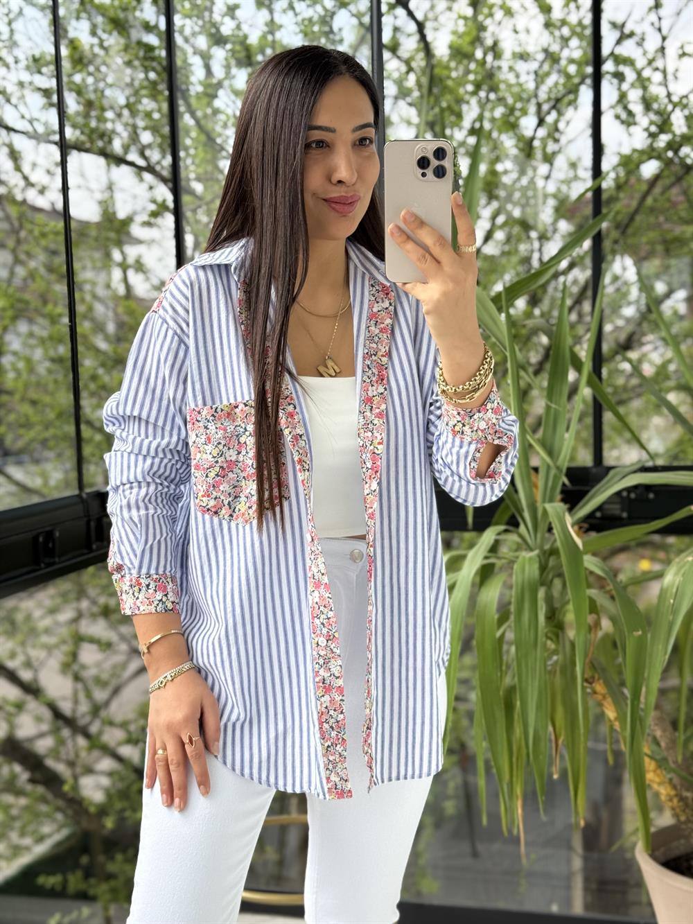 Çiçek Detaylı Çizgili Gömlek Lacivert