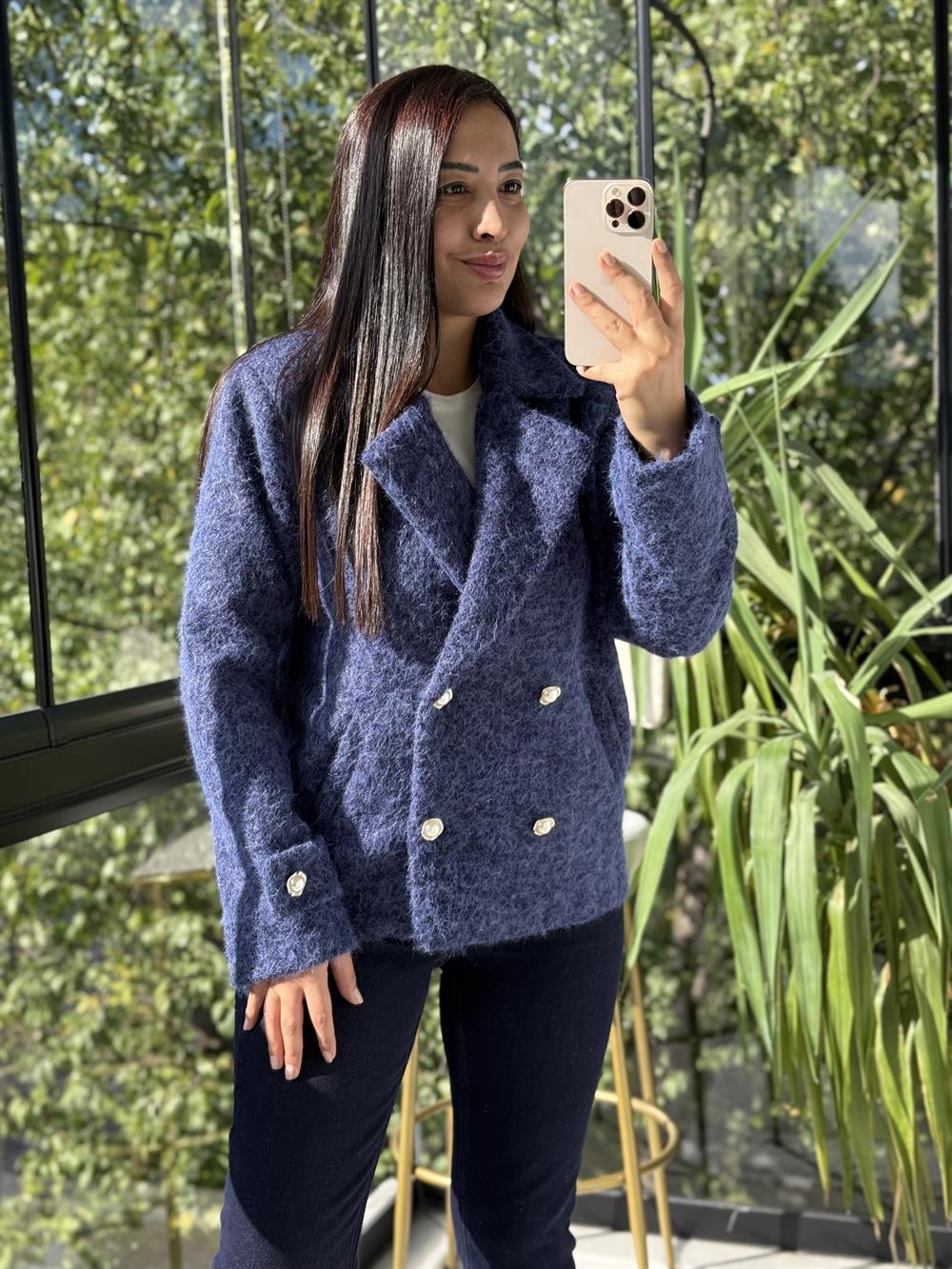 Gold Düğmeli Yün Kaban Ceket Lacivert