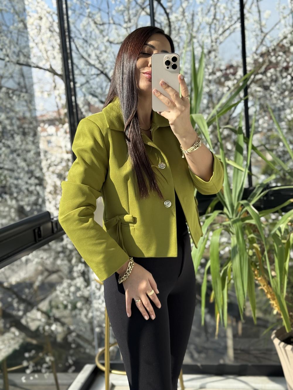 Uzun Kol Fiyonklu Blazer Ceket Kivi Yeşili