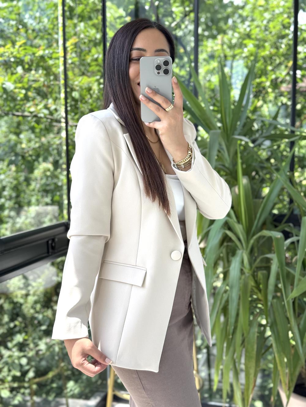 Tek Düğme Blazer Ceket Bej