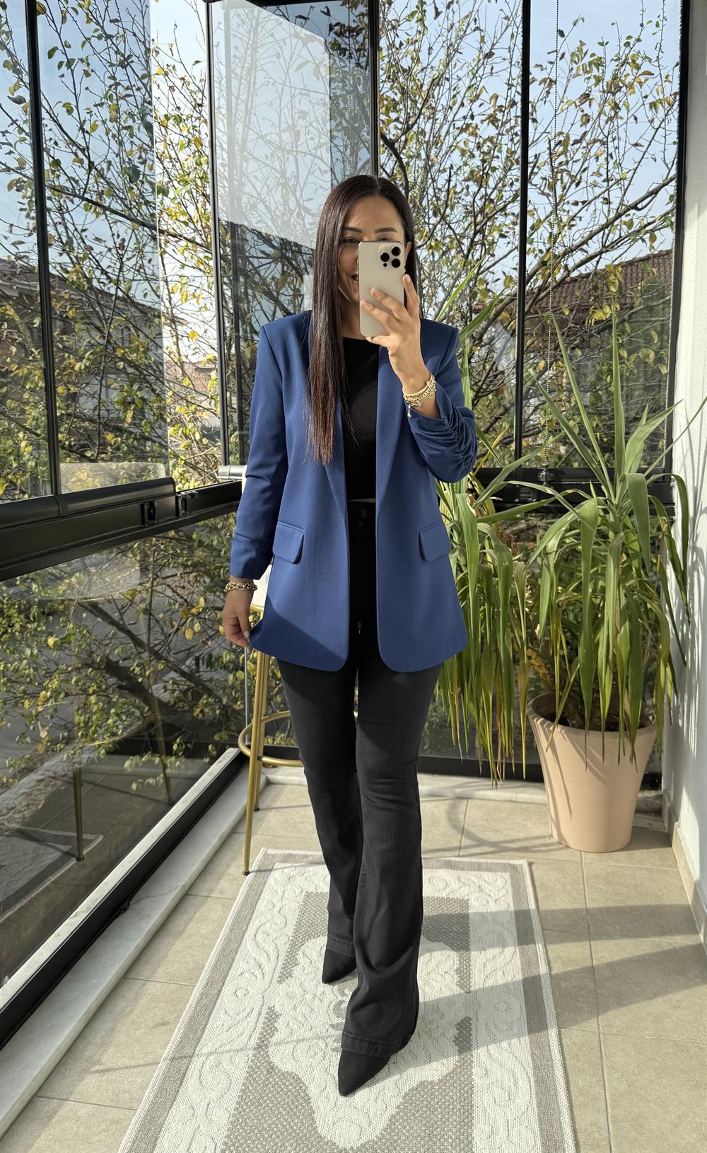 Kolu Büzgülü Blazer Ceket İndigo Mavi