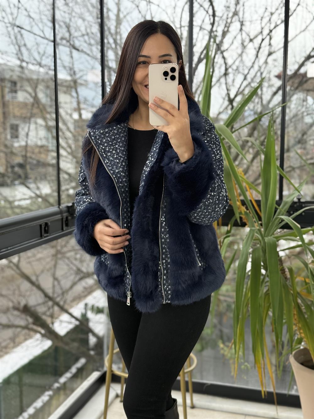 İthal Payetli Mont lacivert