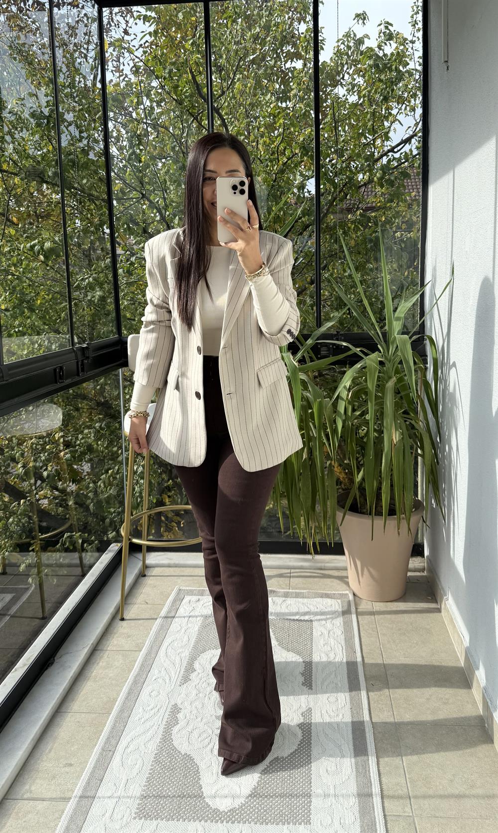 İki Düğmeli Çizgili Yün Blazer Ceket Bej