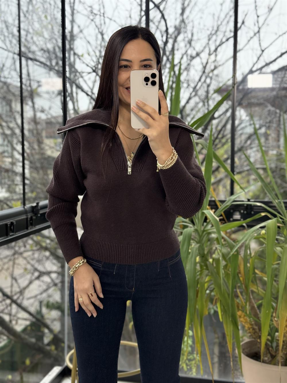 Fermuarlı Crop Triko Kazak Kahve