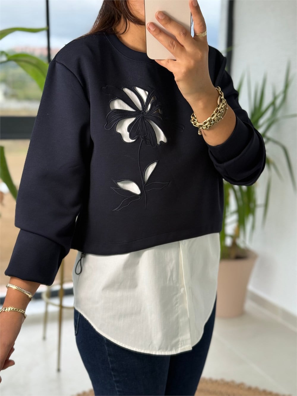 Nakışlı Gömlekli Sweatshirt Lacivert