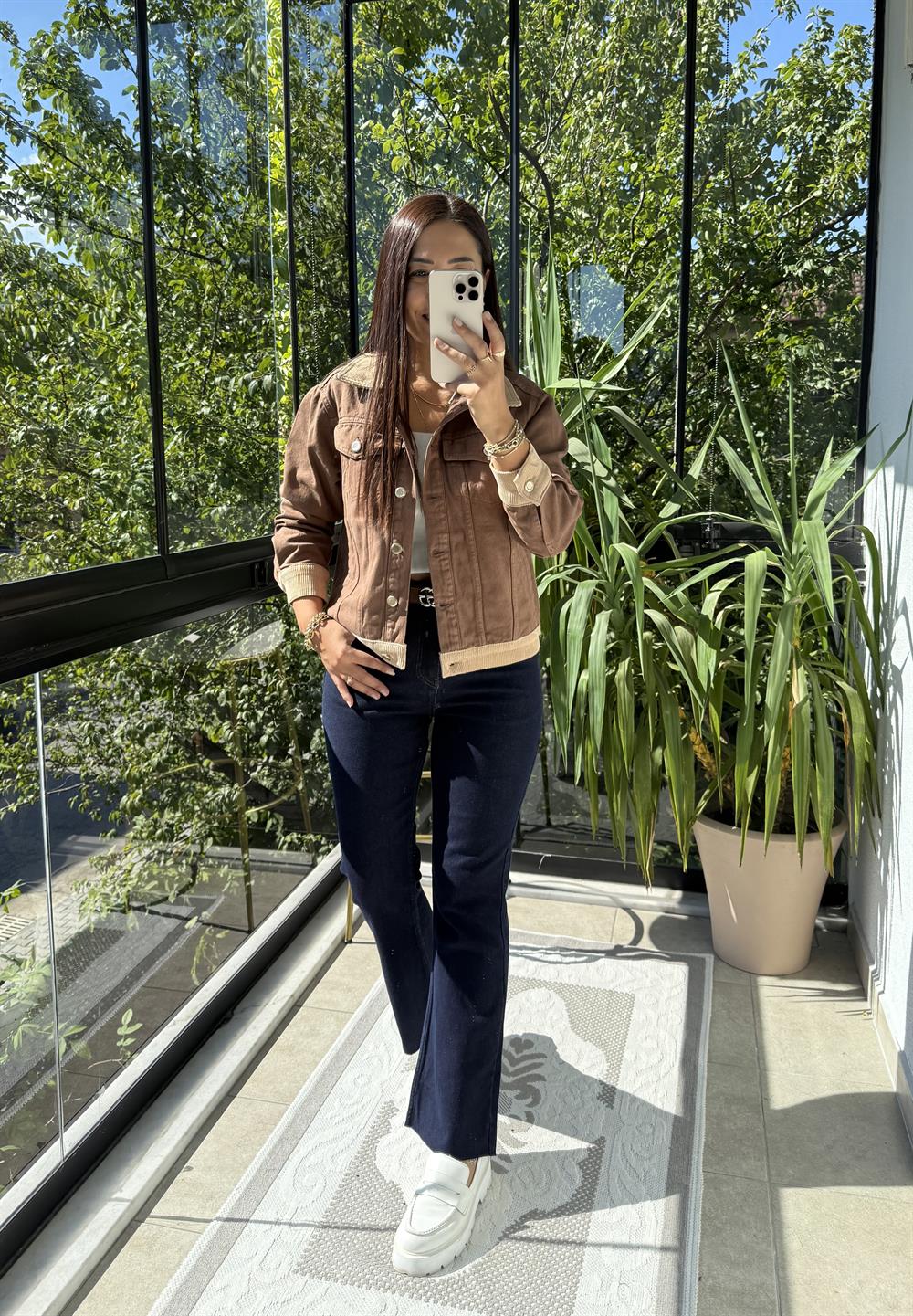 Kadife Detaylı Klasik Kot Ceket Kahve