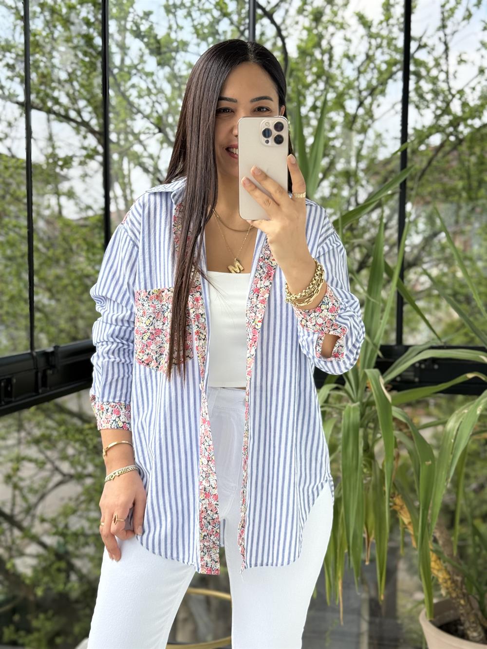 Çiçek Detaylı Çizgili Gömlek Lacivert