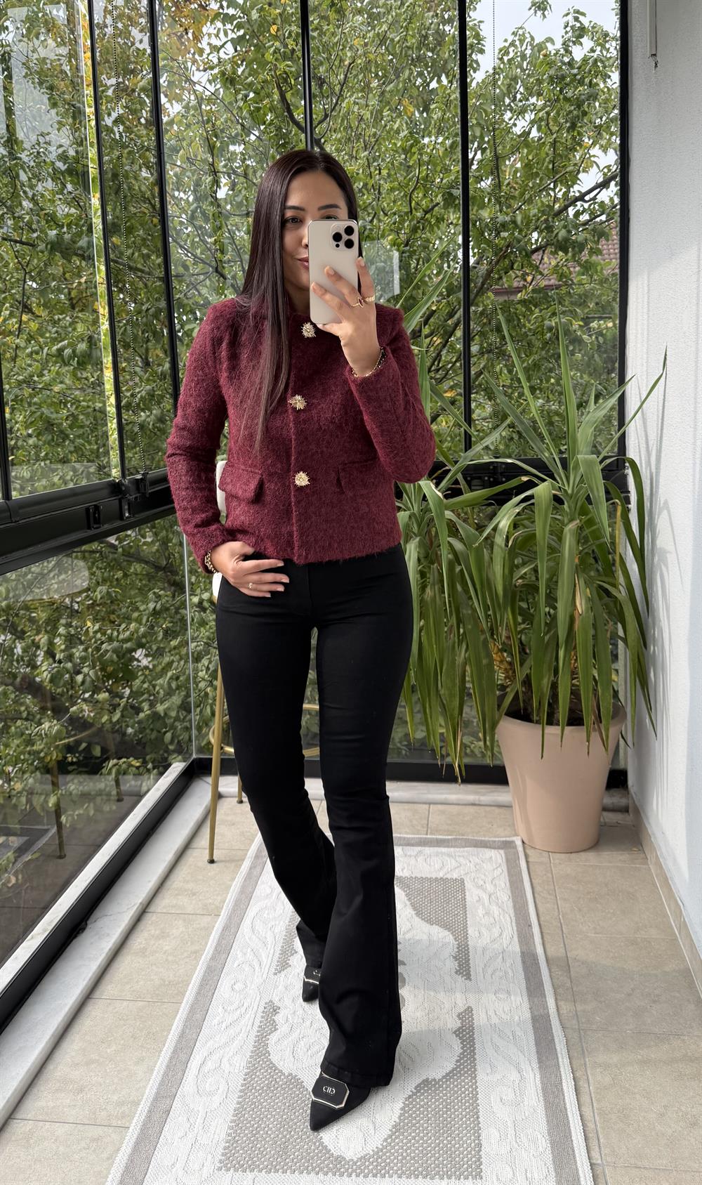 Kısa Gold Düğme Yün Ceket Bordo