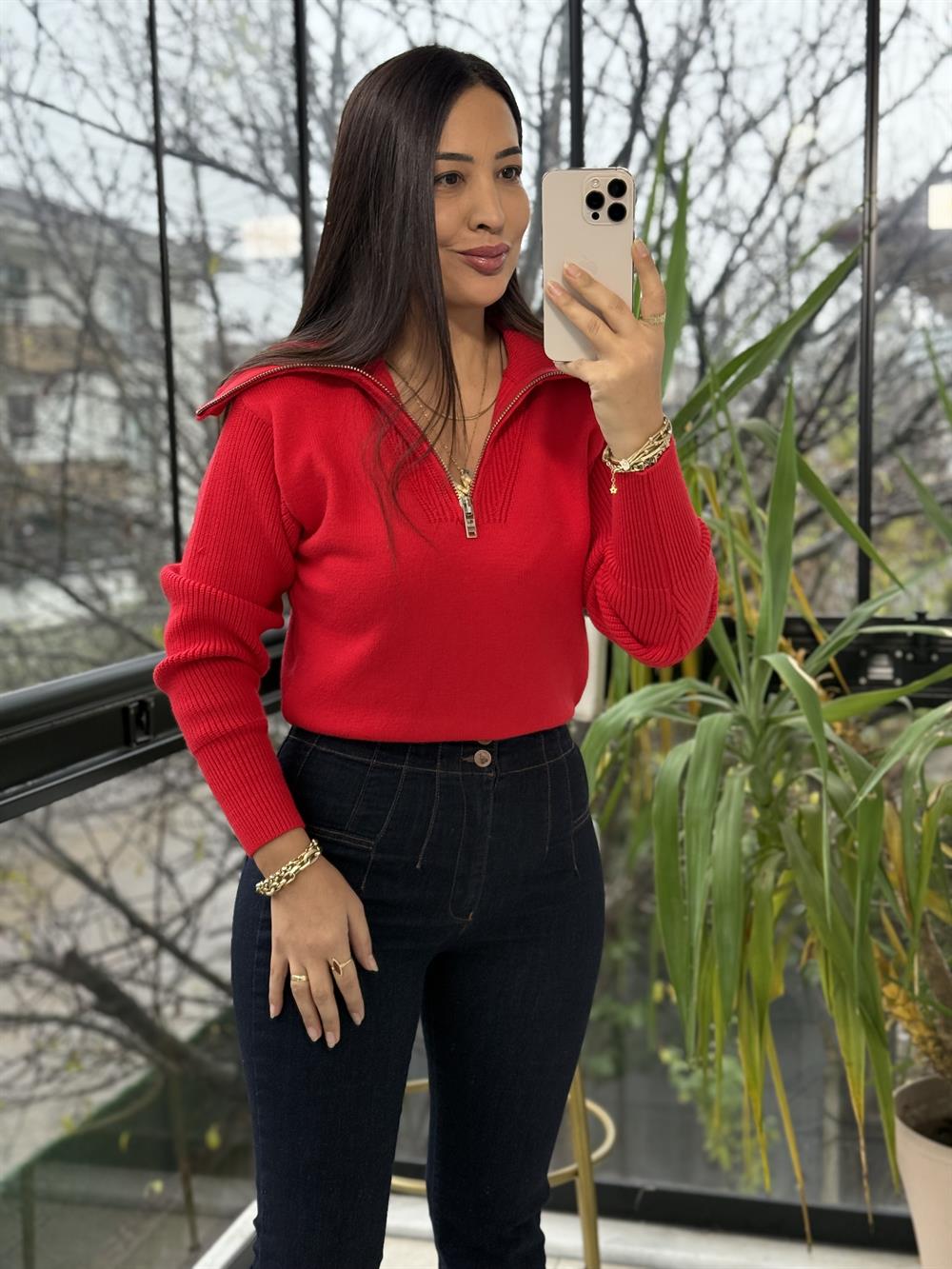 Fermuarlı Crop Triko Kazak Kırmızı