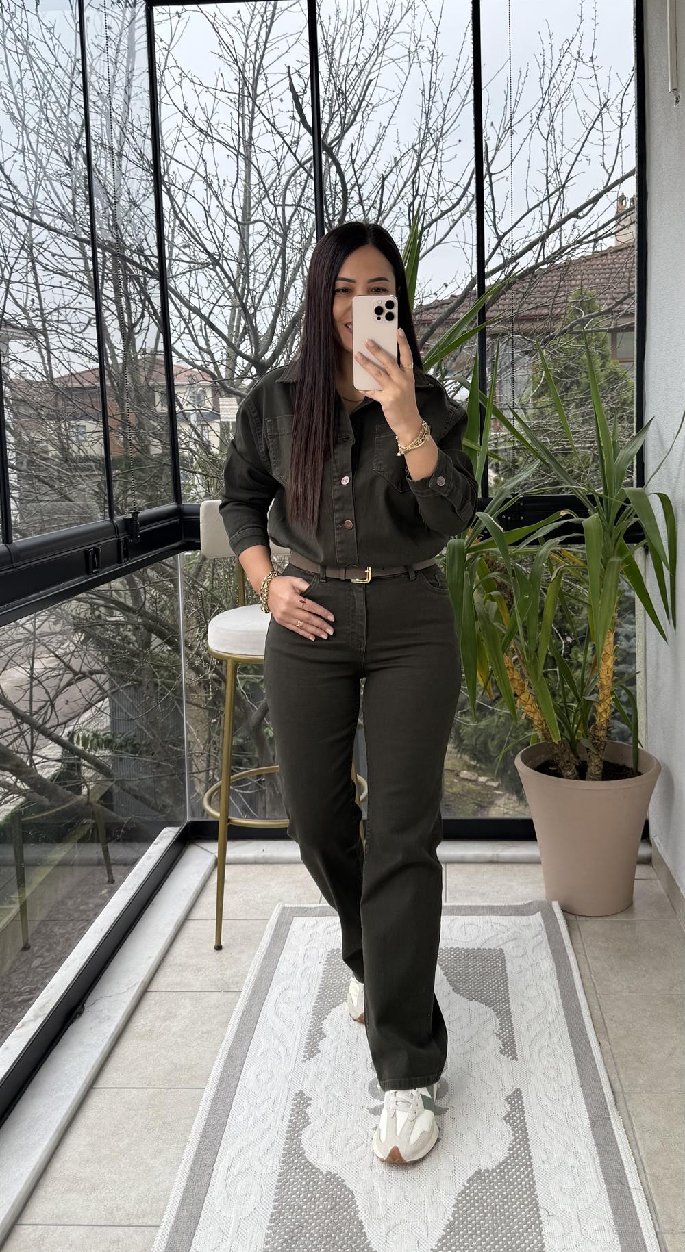 Beli Büzgülü Klasik Kot Tulum Haki Yeşili