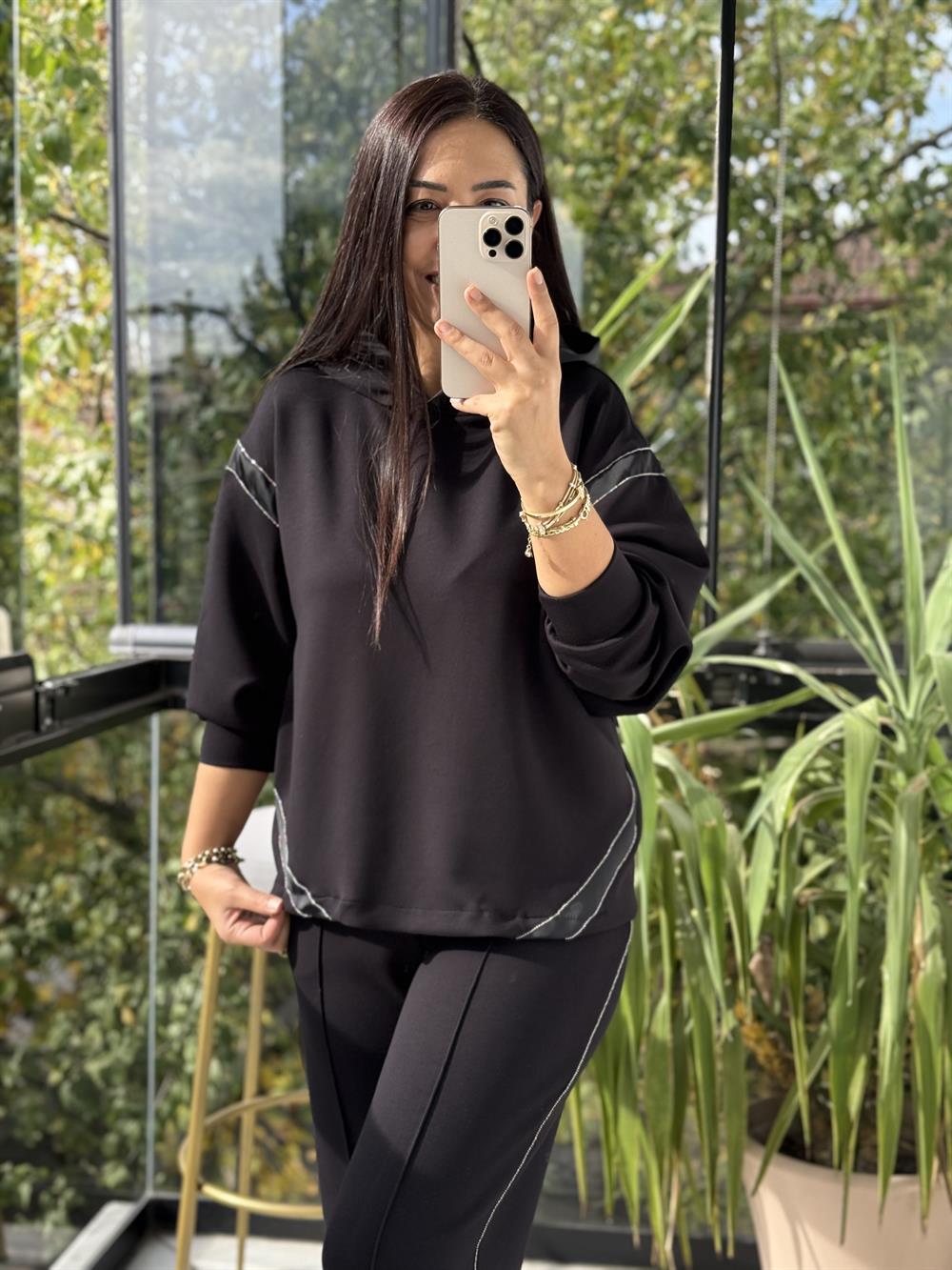 Taşlı Şeritli Takım Siyah