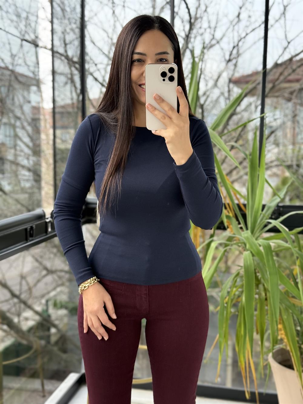 Dilvin Kayık Yaka Uzun Kollu Top Bluz Lacivert