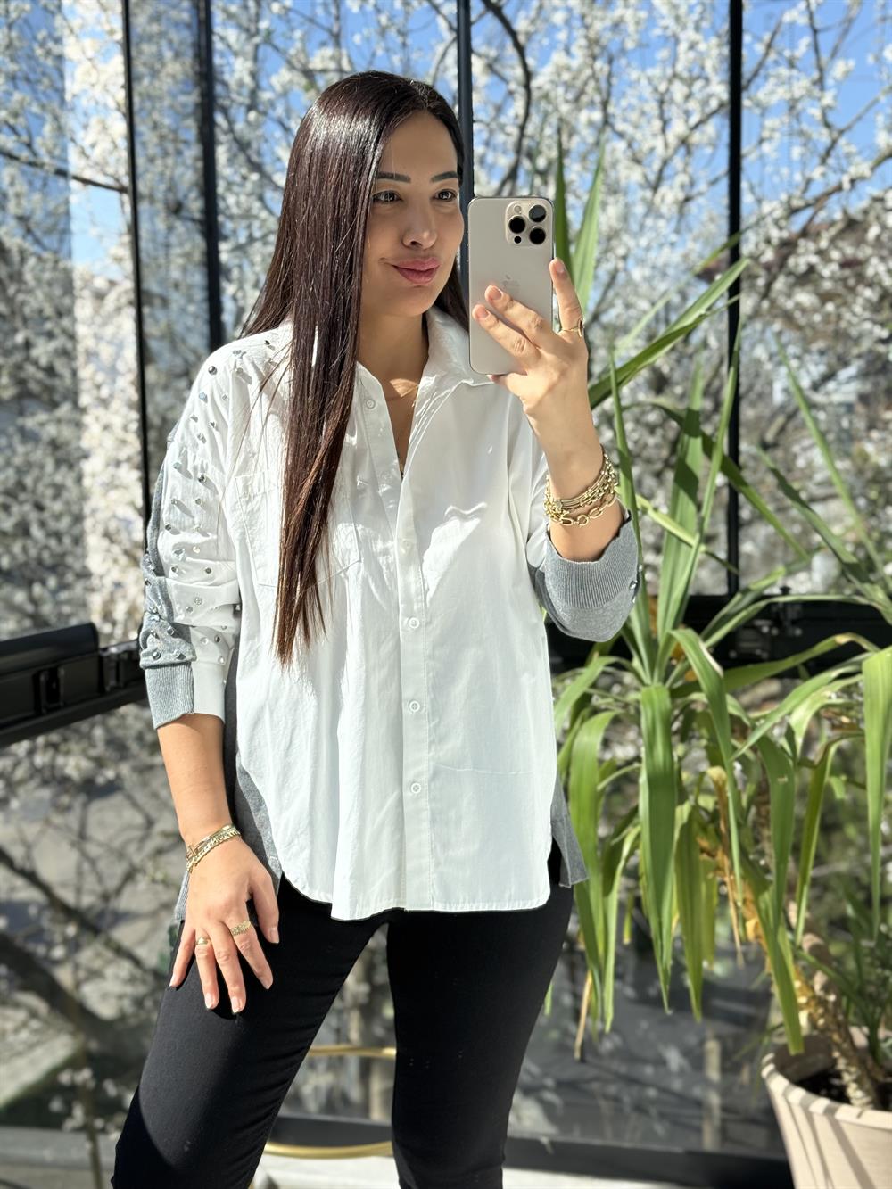 Triko Poplin Mix Çakımlı Gömlek Beyaz