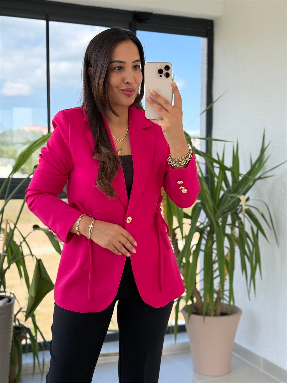 Yanı Bağcıklı Slim Blazer Ceket Fuşya