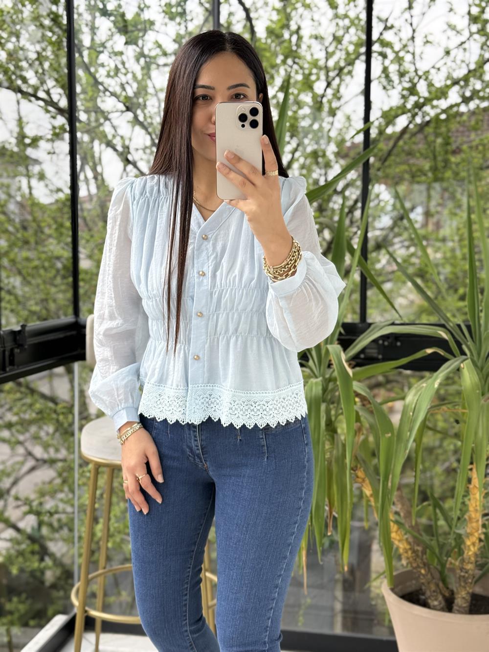 Dantel Rüya Gömlek Bluz Bebe Mavisi