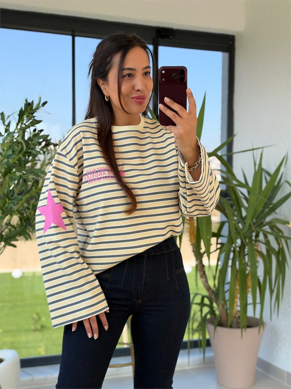 Sunset Çizgili Sweatshirt Sarı
