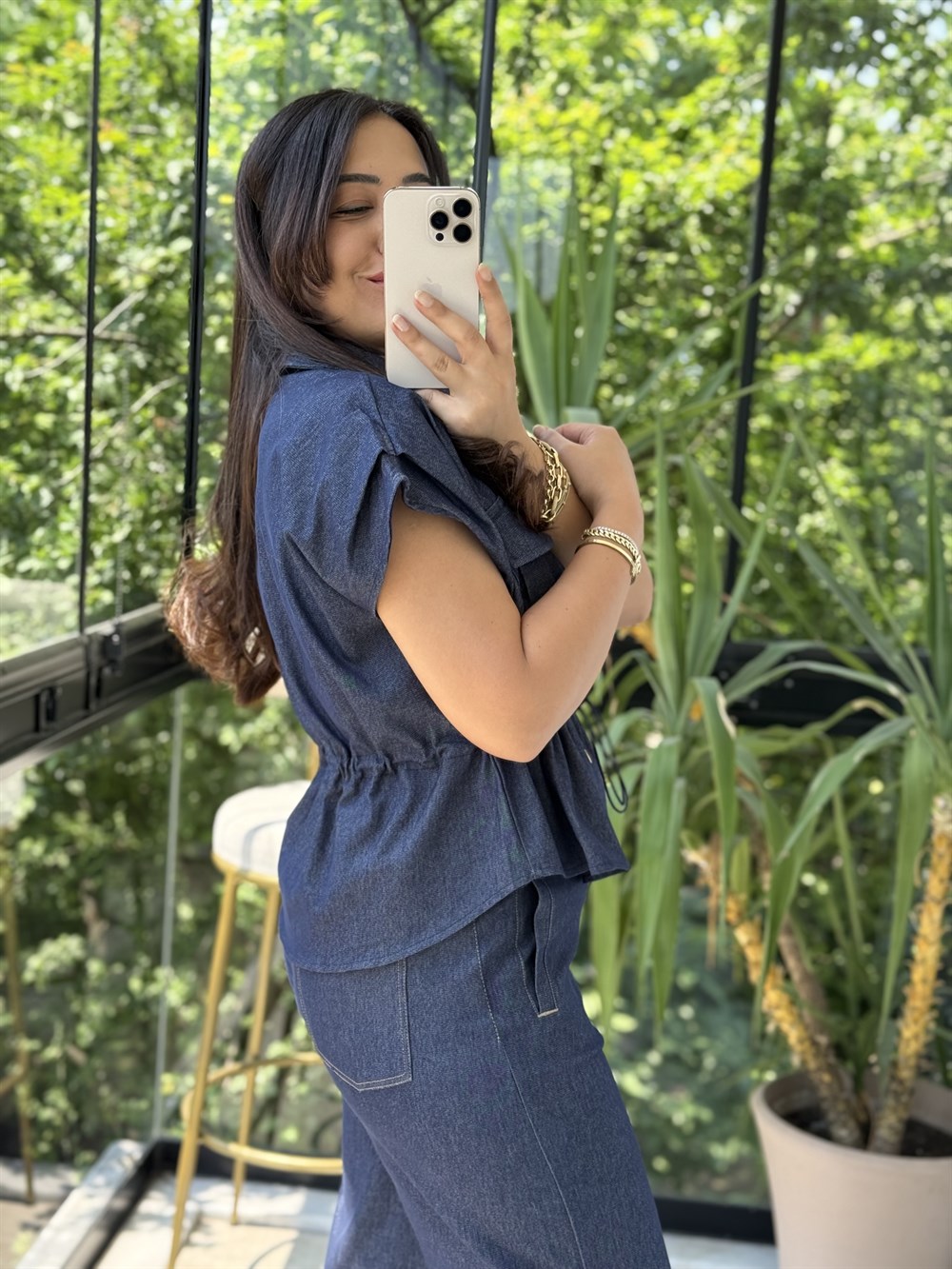 Gold Düğme Denim Gömlek Mavi