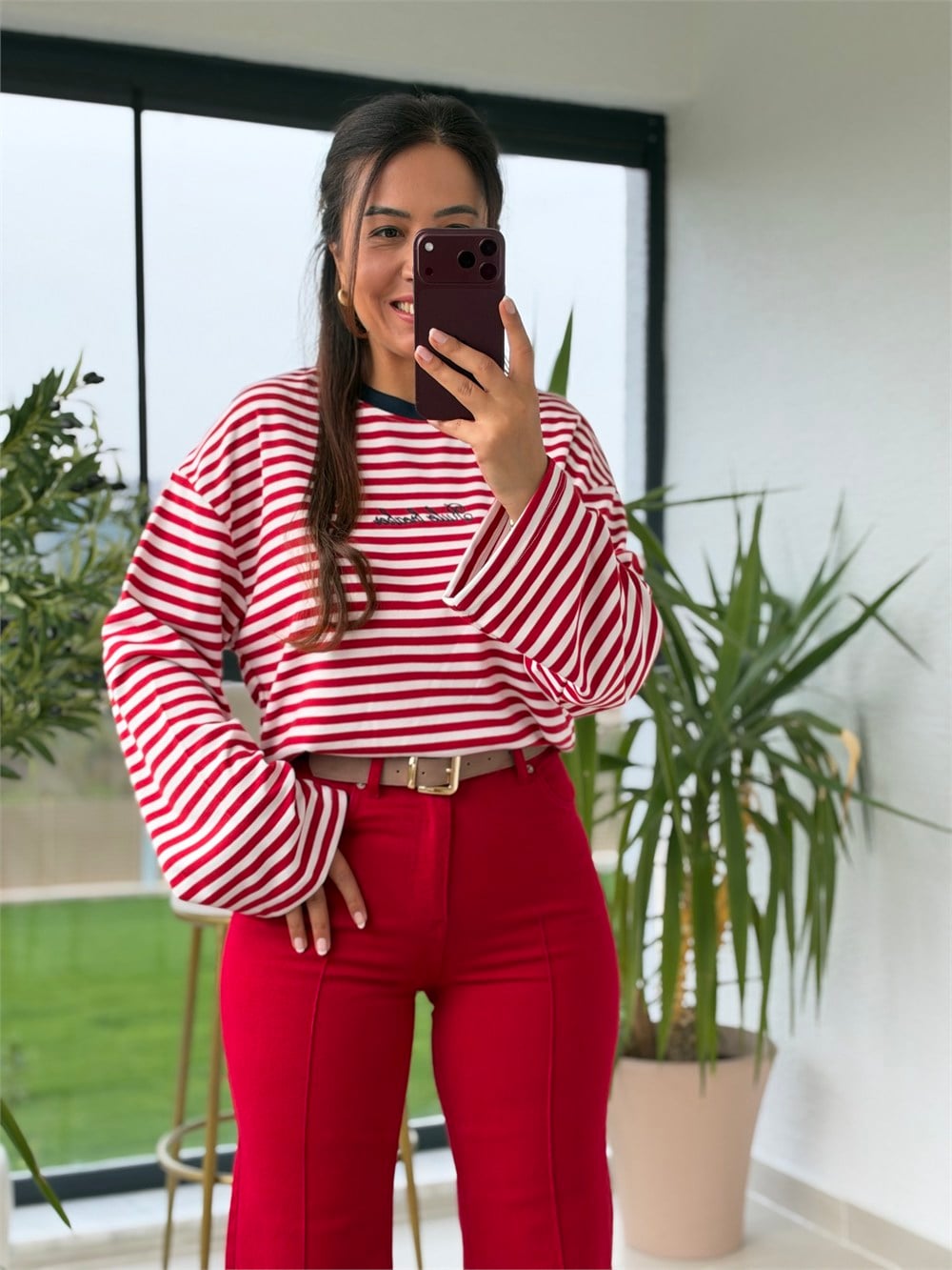 Biyeli Çizgili Sweatshirt Kırmızı
