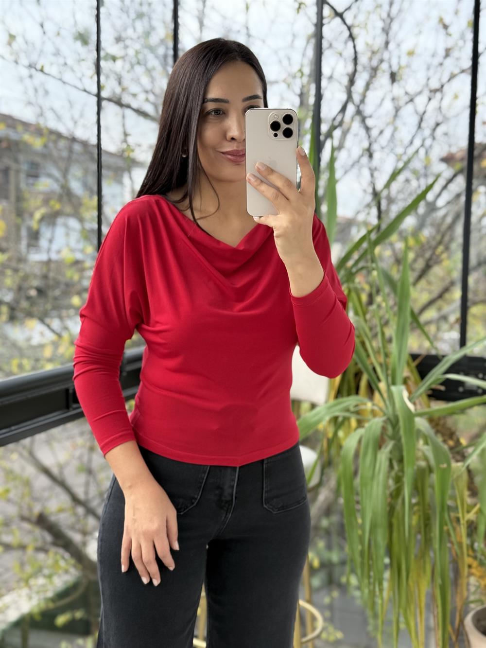 Sandy Kayık Yaka Bluz Kırmızı