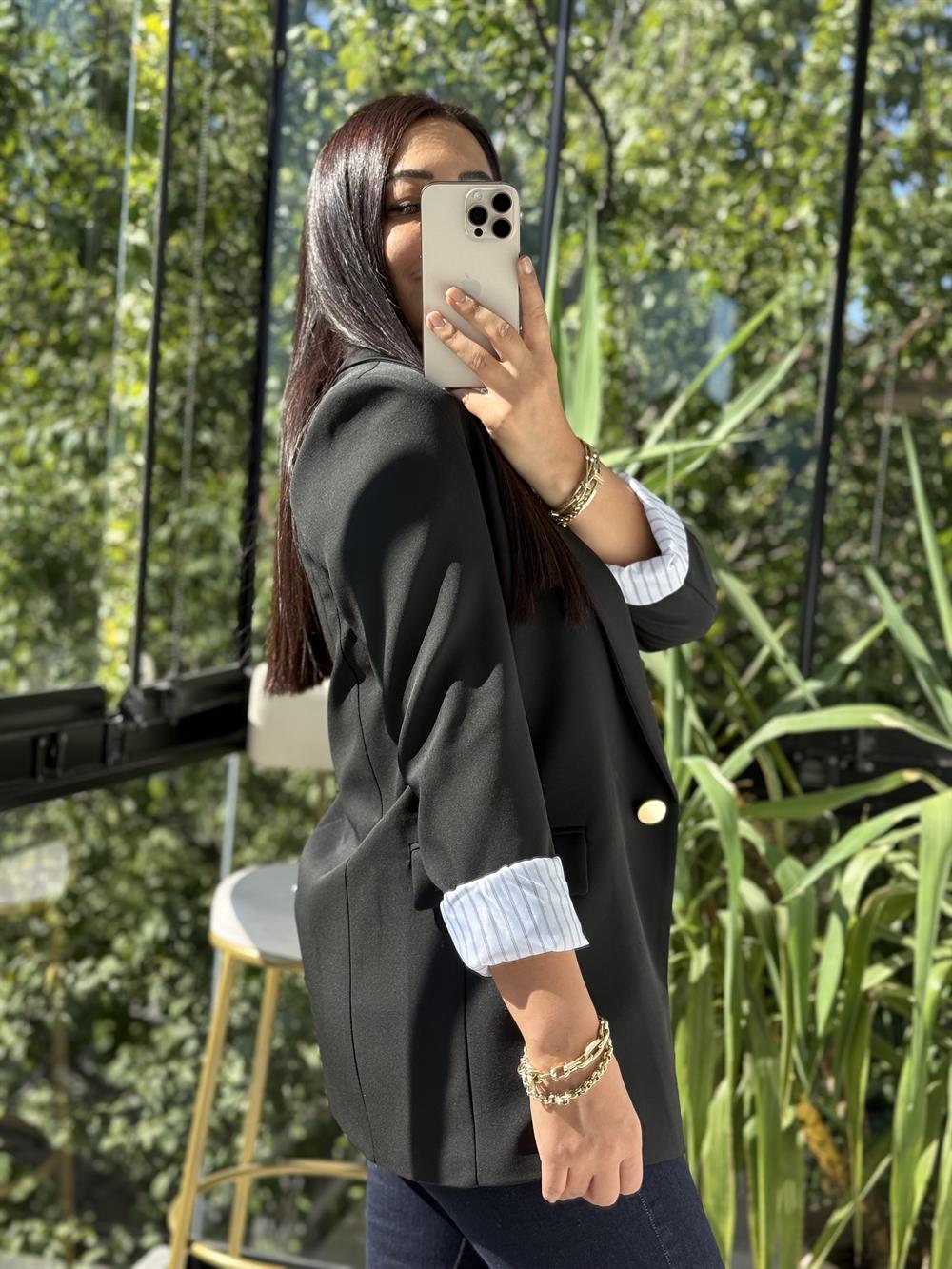 Kol Astarı Garnili Tek Düğme Blazer Ceket Siyah