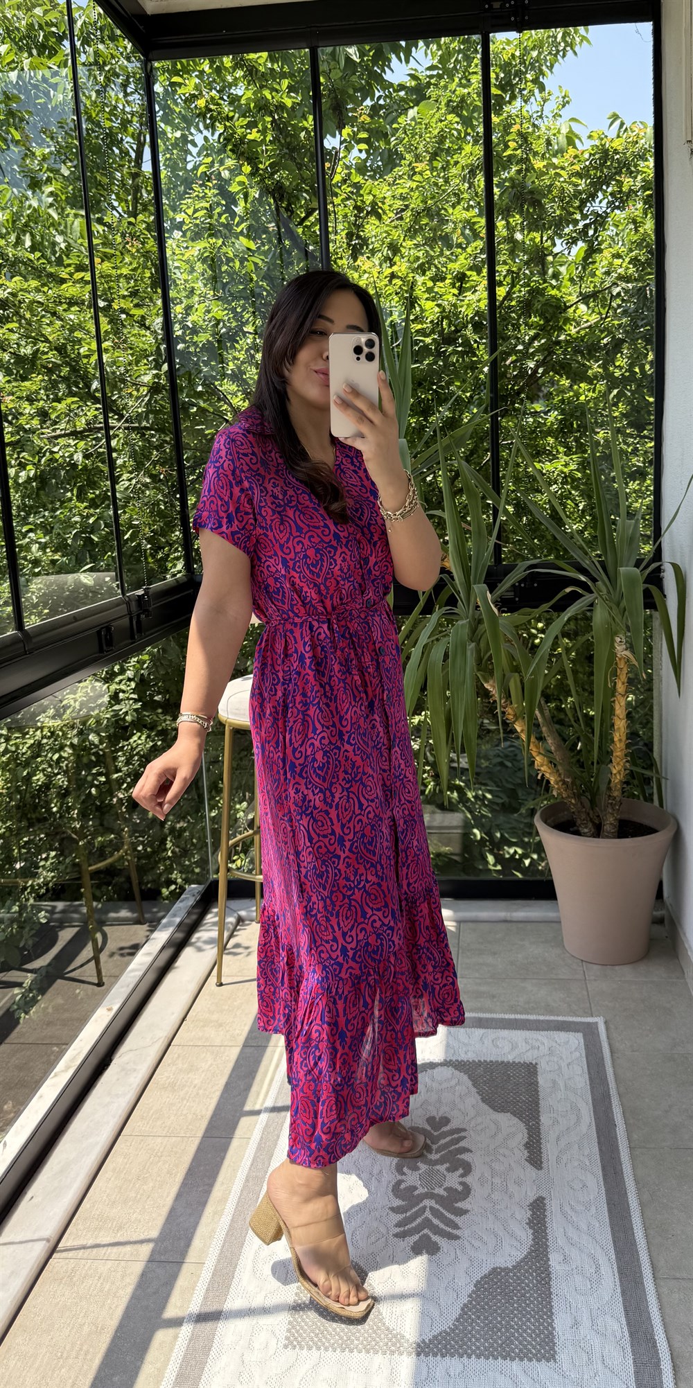 Viskon Düğmeli Elbise Pembe